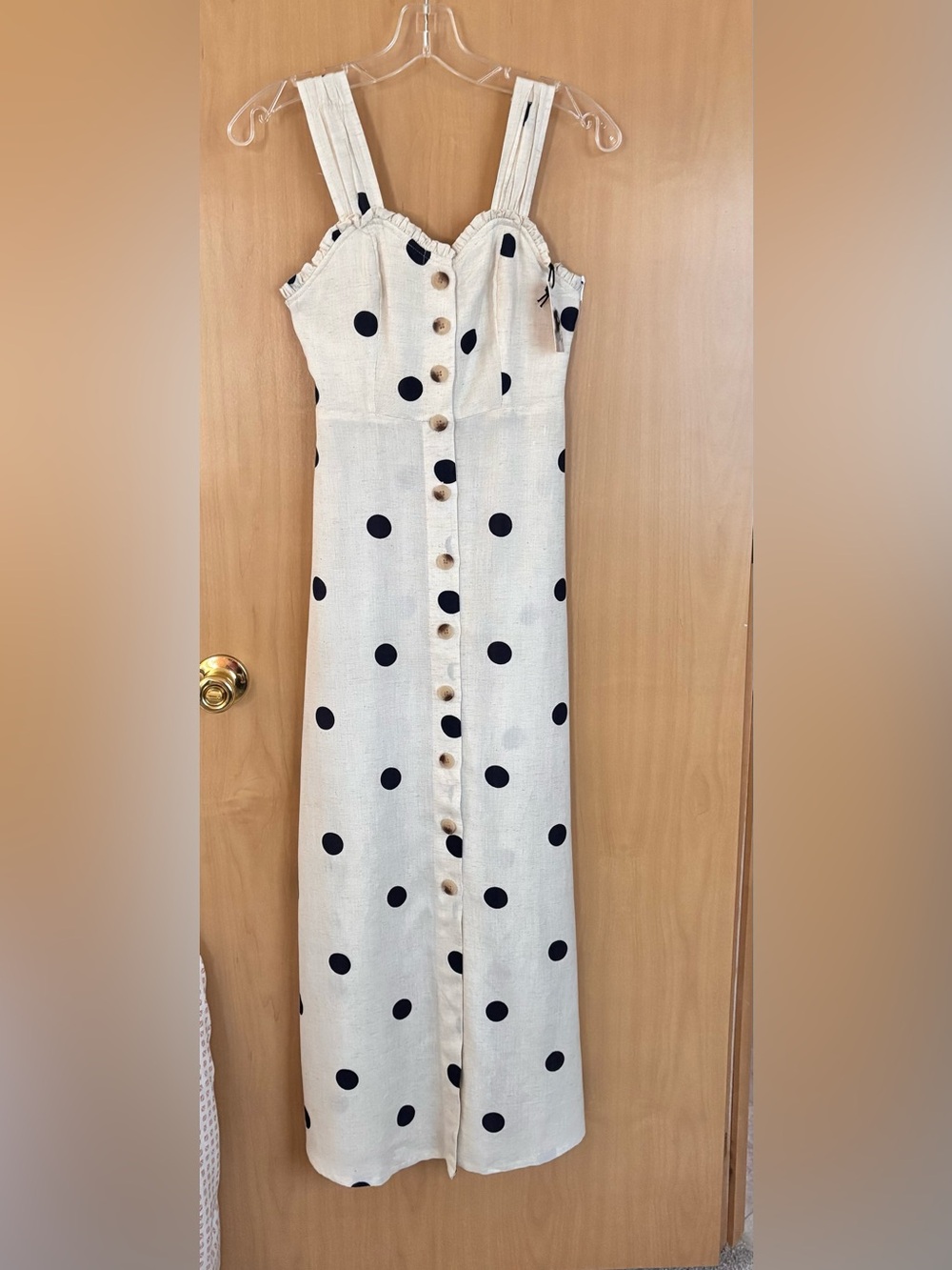 NWT Sincerely Jules Natural & Dark Navy Polka Dot Linen Blend Dress XS - Picture 5 of 12